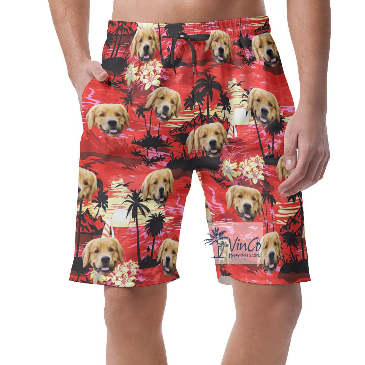 Tropical Sunset Beach Red Hawaiian Shorts With Custom Dog Face