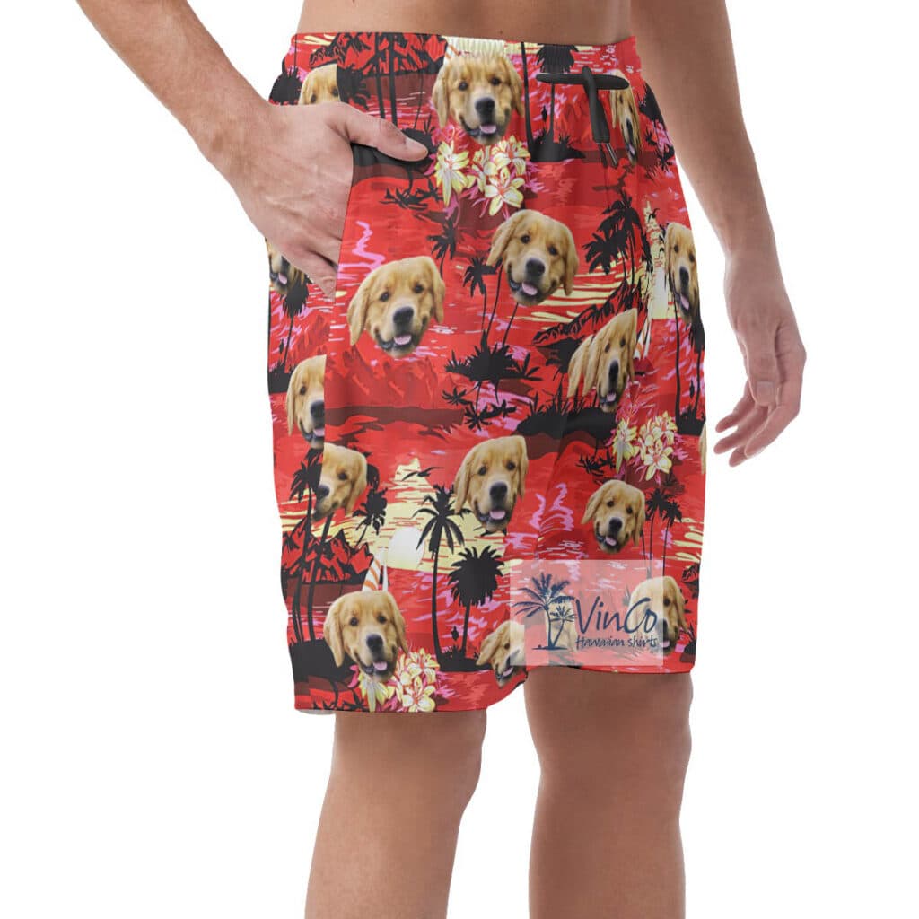 Tropical Sunset Beach Red Hawaiian Shorts With Custom Dog Face