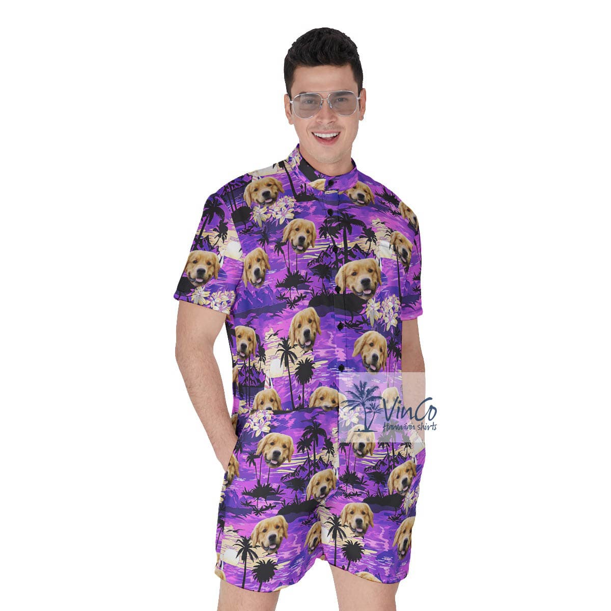 Tropical Sunset Beach Scene Custom Dog Face Hawaiian Romper For Men