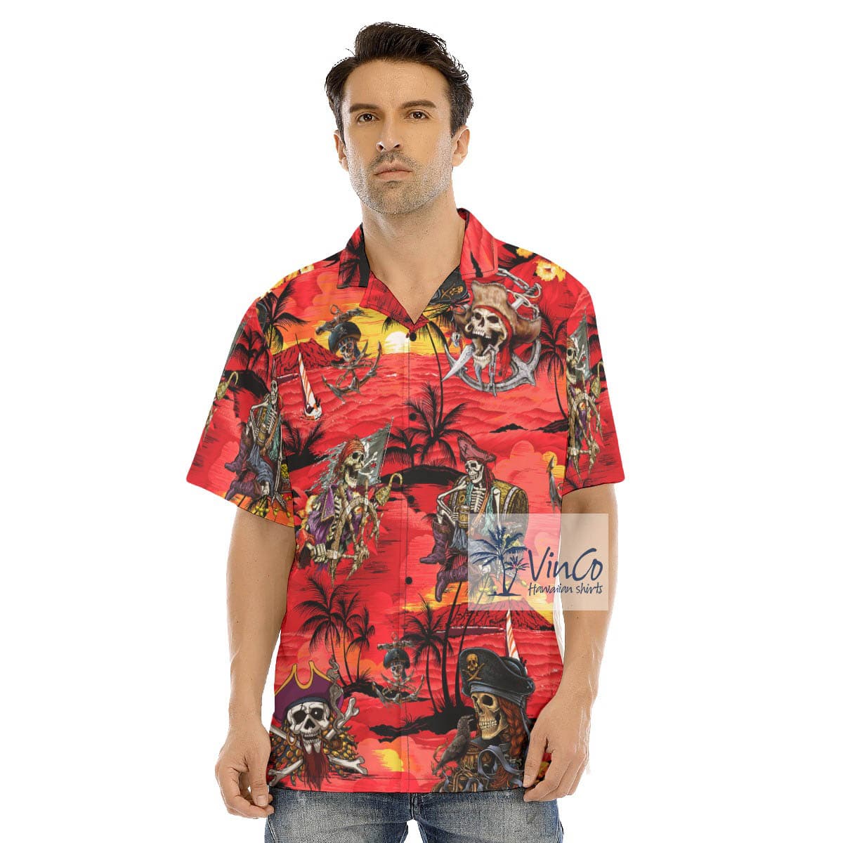 Tropical Sunset Time Skeleton Pirate Hawaiian Shirt