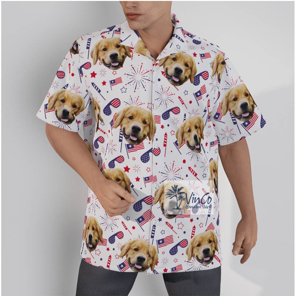 Unique Custom Pet Face Patriotic Hawaiian Shirt With Firework USA Flag (2)