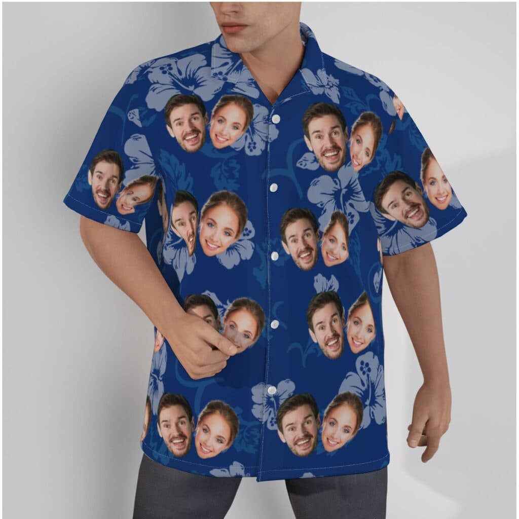 Unique Navy Custom Couple Face Hawaiian Button Up Shirt (1)