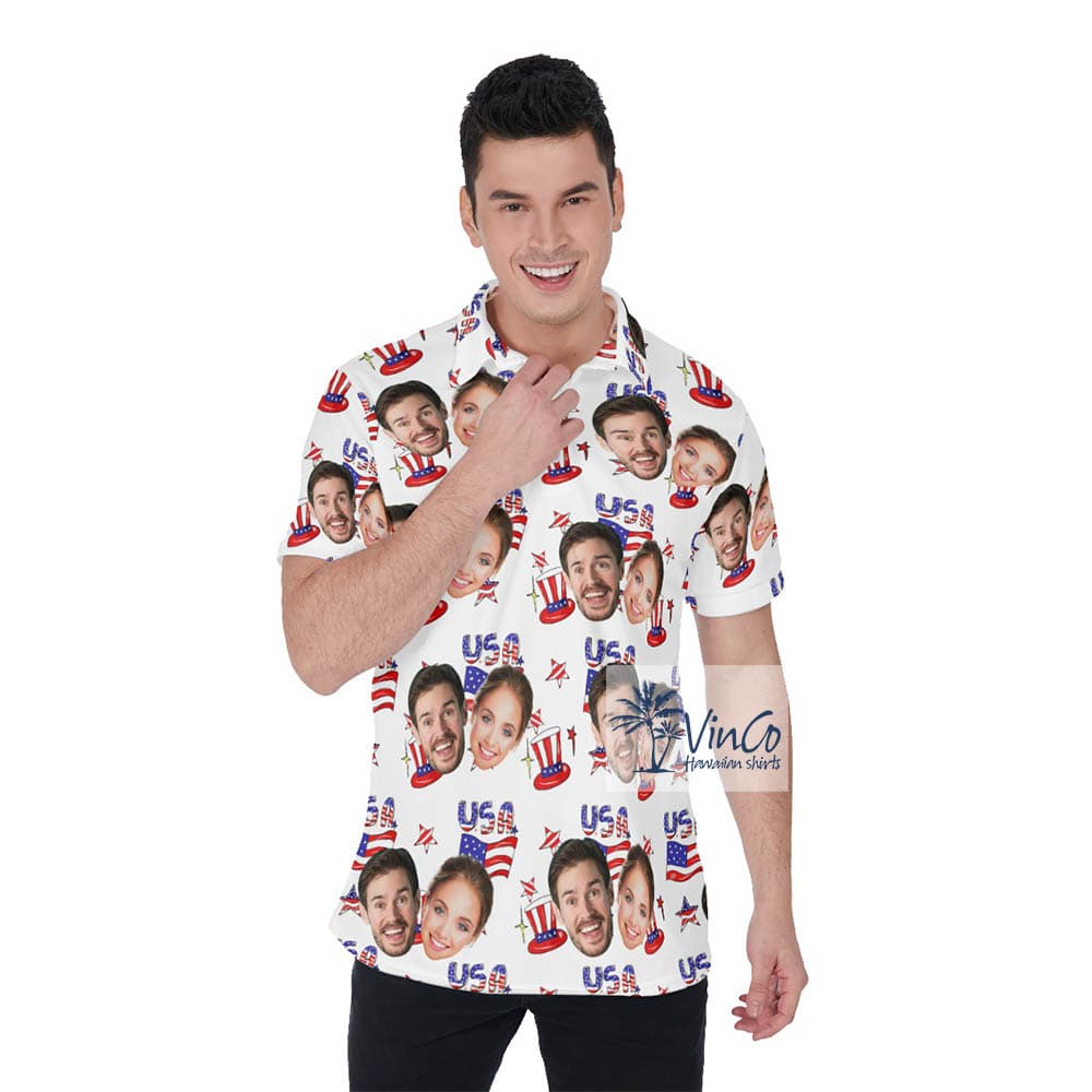 Upload Couple Faces Hawaiian Polo Golf Shirt 4th Of July (3)
