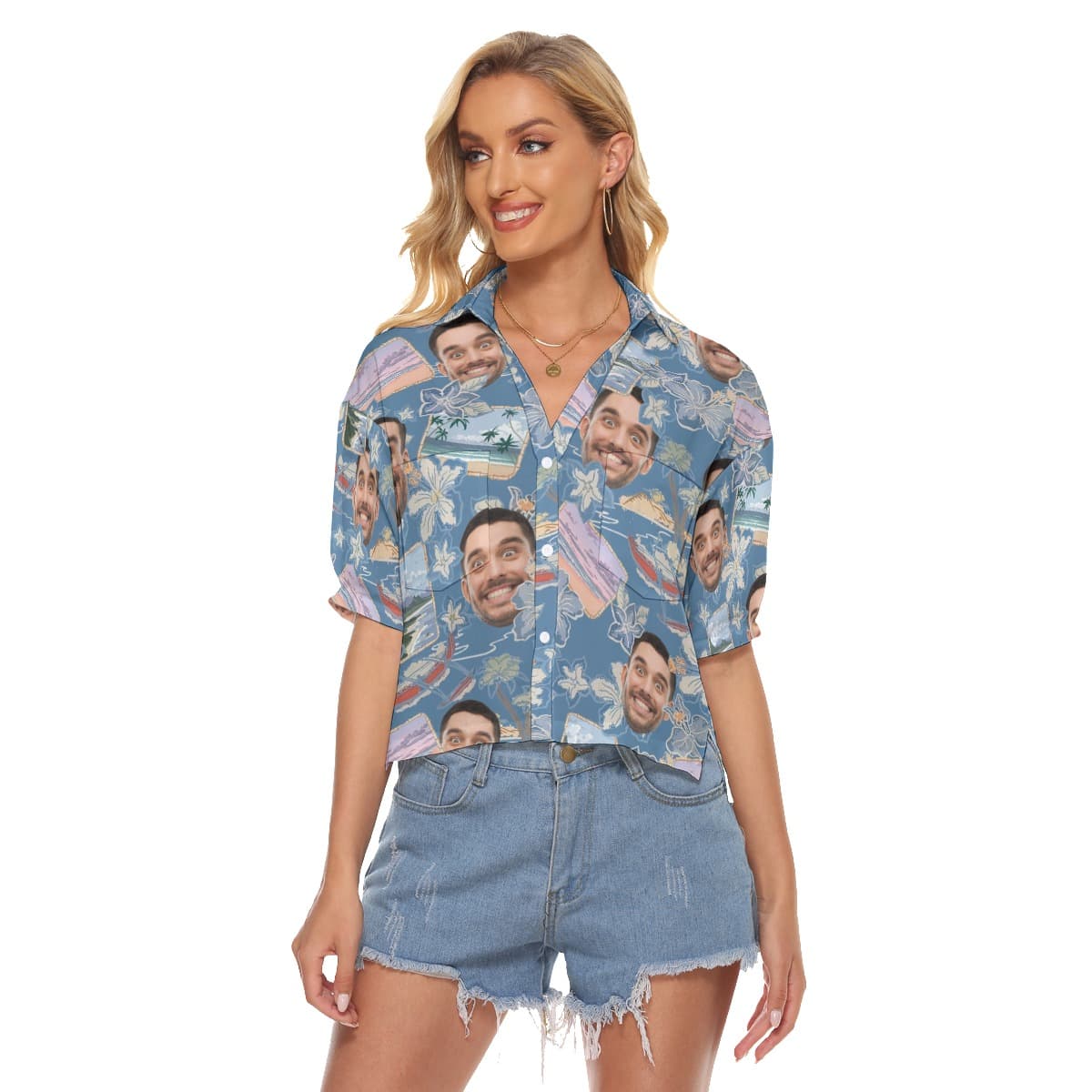 Upload Face Photo Hawaiian Cropped Shirt For Men (2)