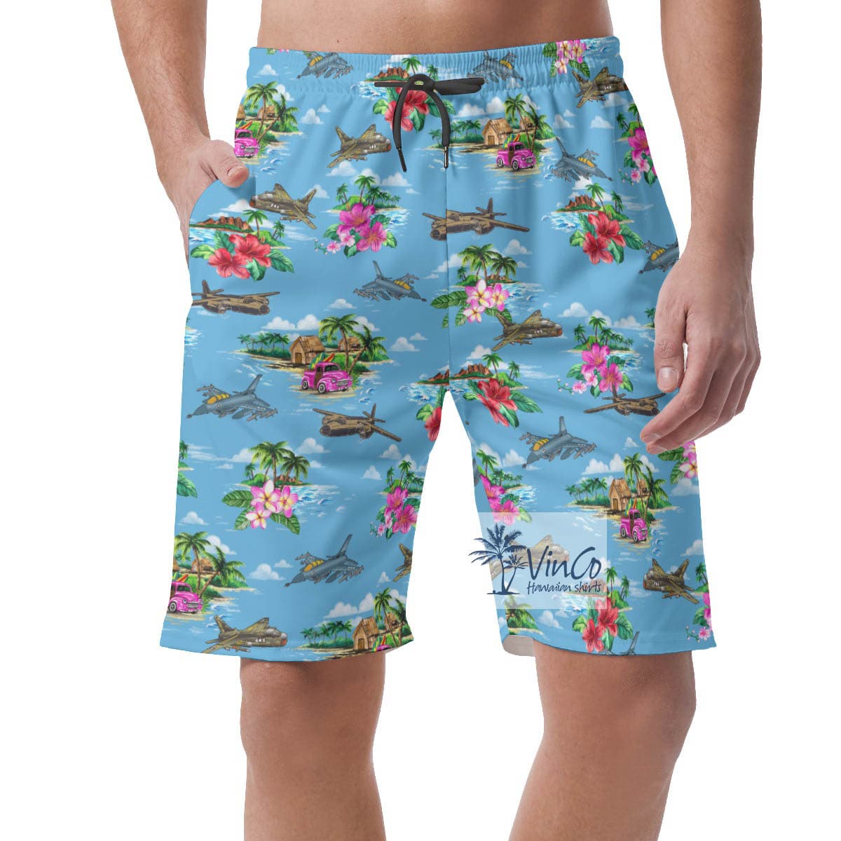 Vintage Airplanes Tropical Hawaiian Beach Shorts For Men