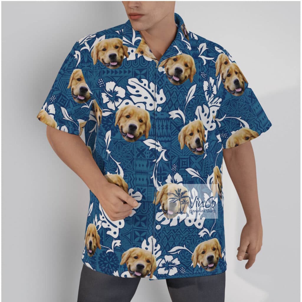 Vintage Hibiscus Blue Hawaiian Shirt With Custom Dog Face