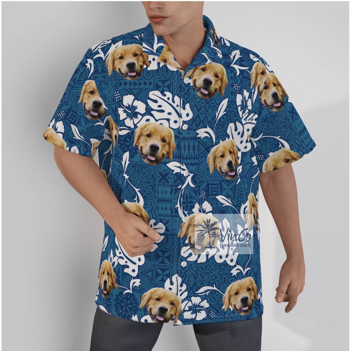 Vintage Hibiscus Blue Hawaiian Shirt With Custom Dog Face