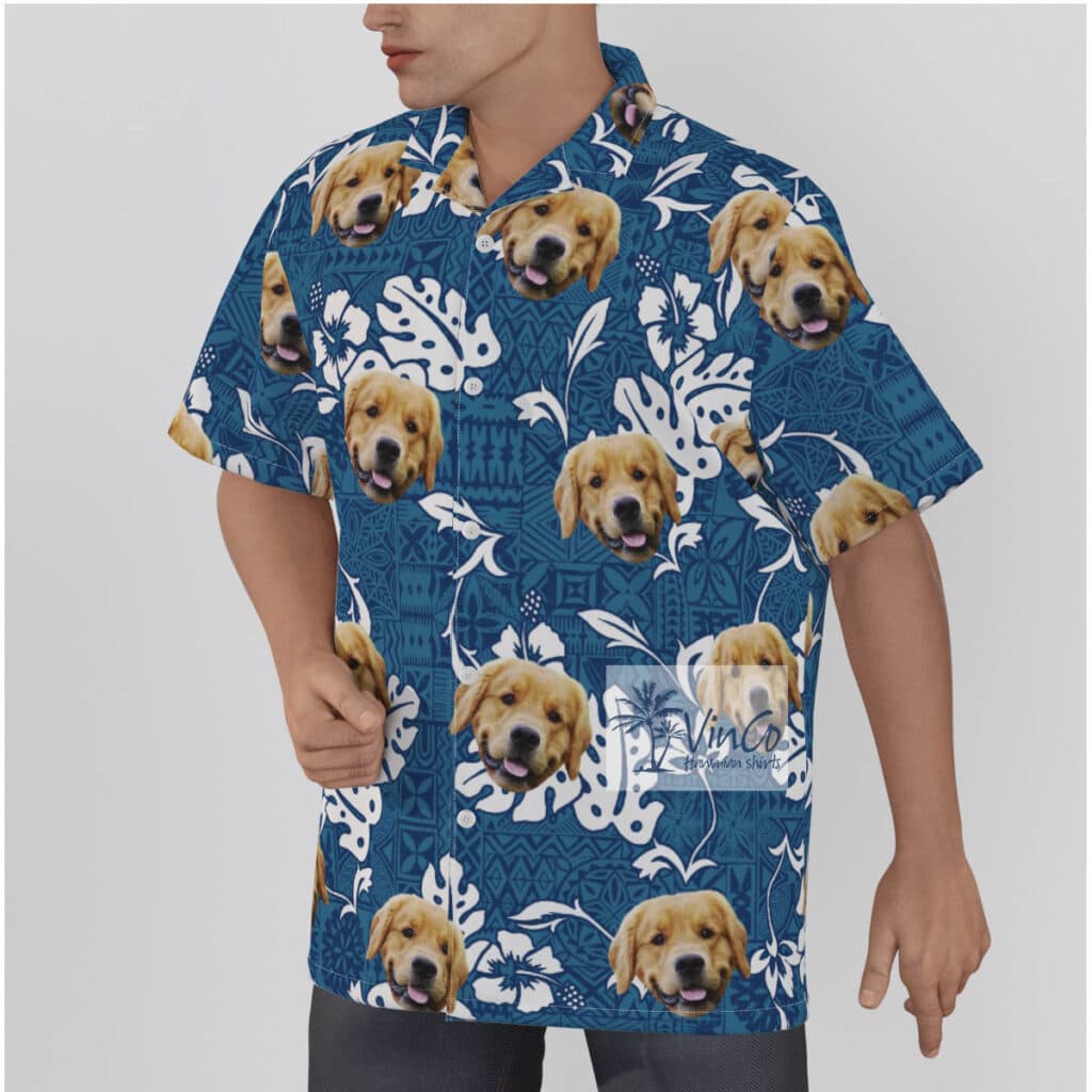 Vintage Hibiscus Blue Hawaiian Shirt With Custom Dog Face