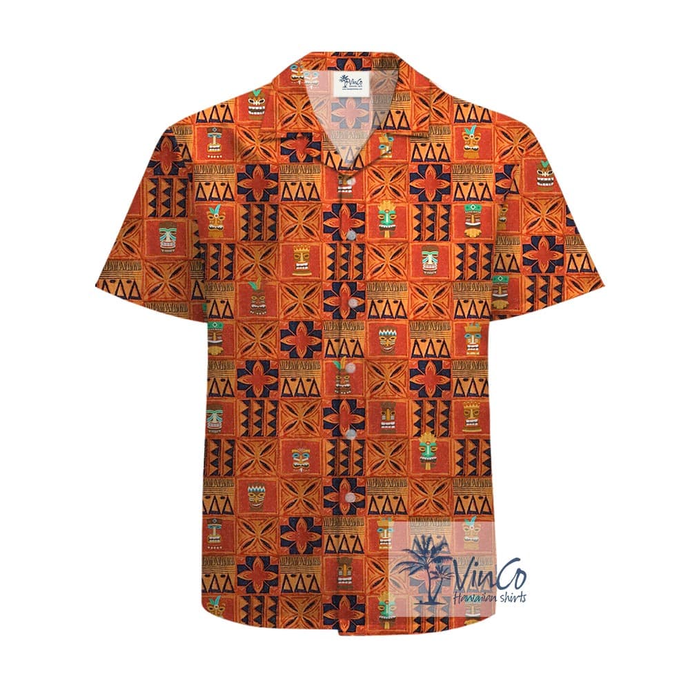 Vintage Orange Tiki Aloha Shirt 100% Cotton (2)