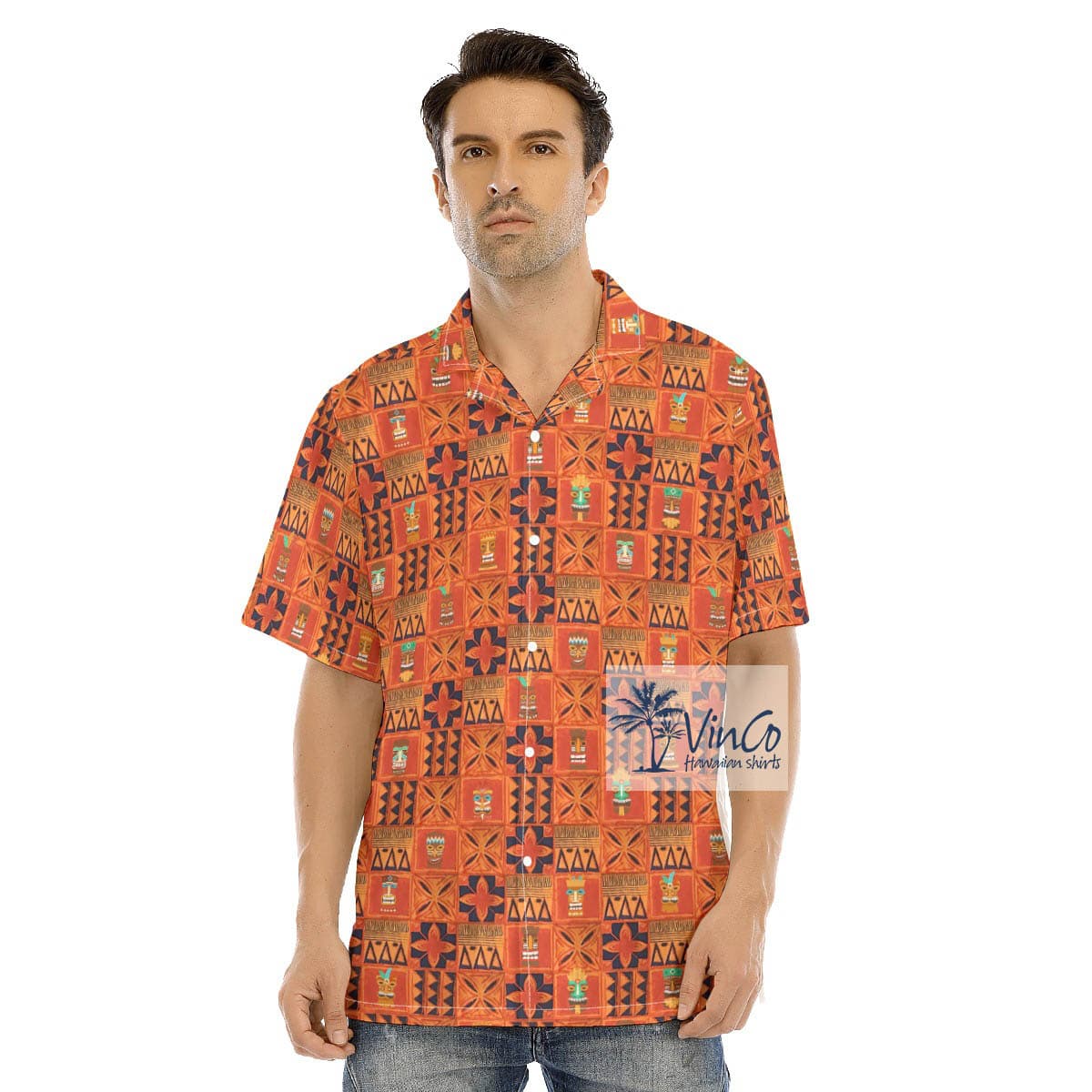 Vintage Orange Tiki Hawaiian Button Up Shirt For Men (2)