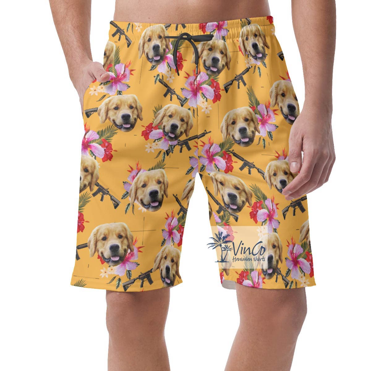 Yellow Floral Gun Hawaiian Beach Shorts With Custom Dog Face