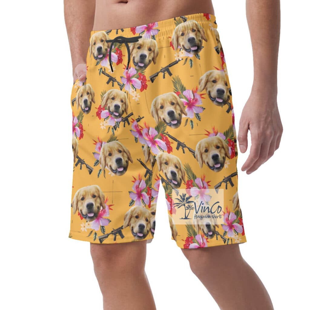 Yellow Floral Gun Hawaiian Beach Shorts With Custom Dog Face