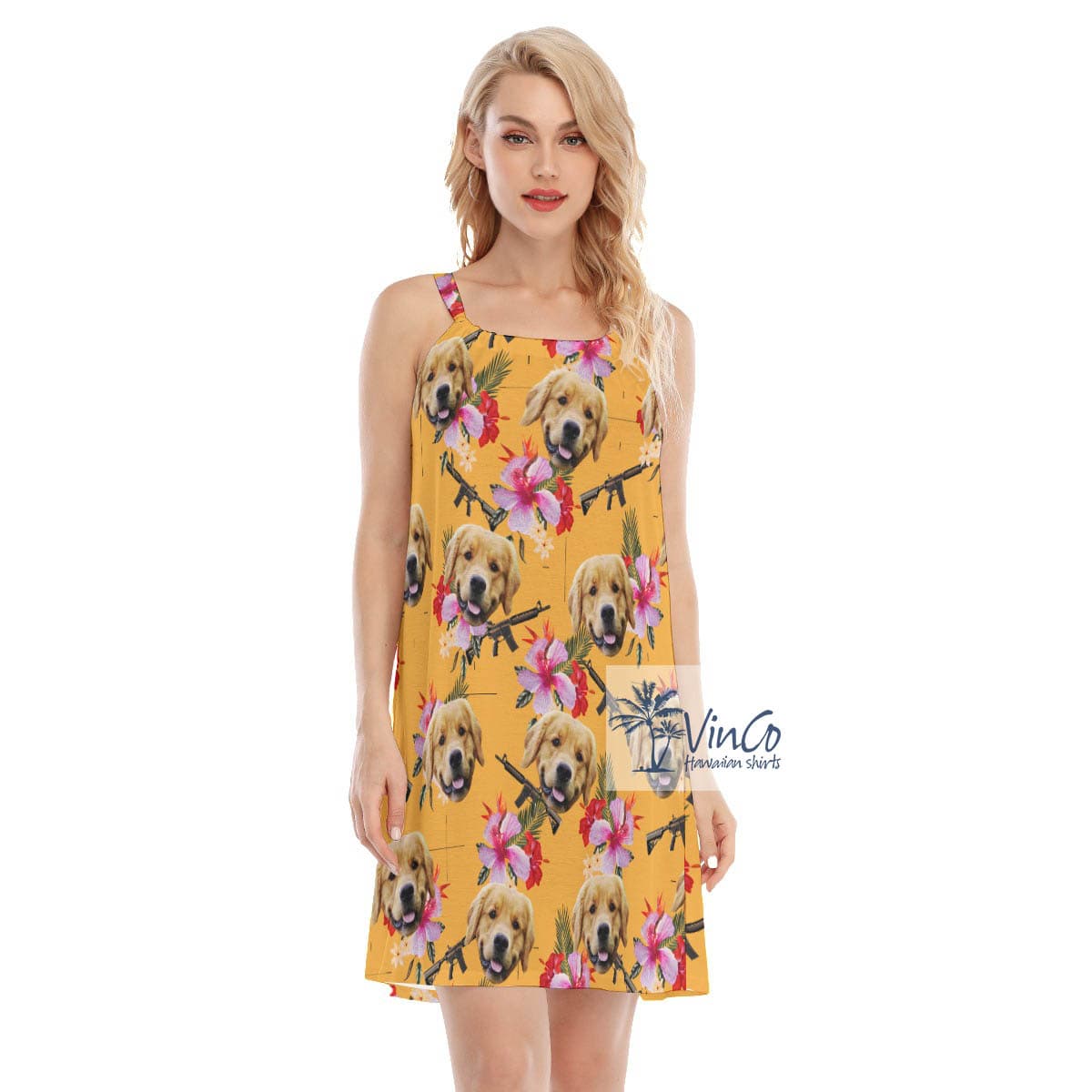 Yellow Floral Gun Hawaiian Cami Dress With Custom Dog Face (3)