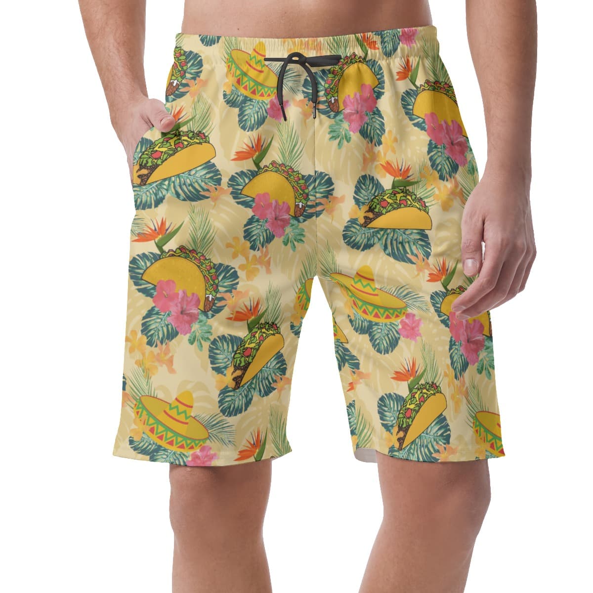 Yellow Taco Hibiscus Hawaiian Beach Shorts For Men