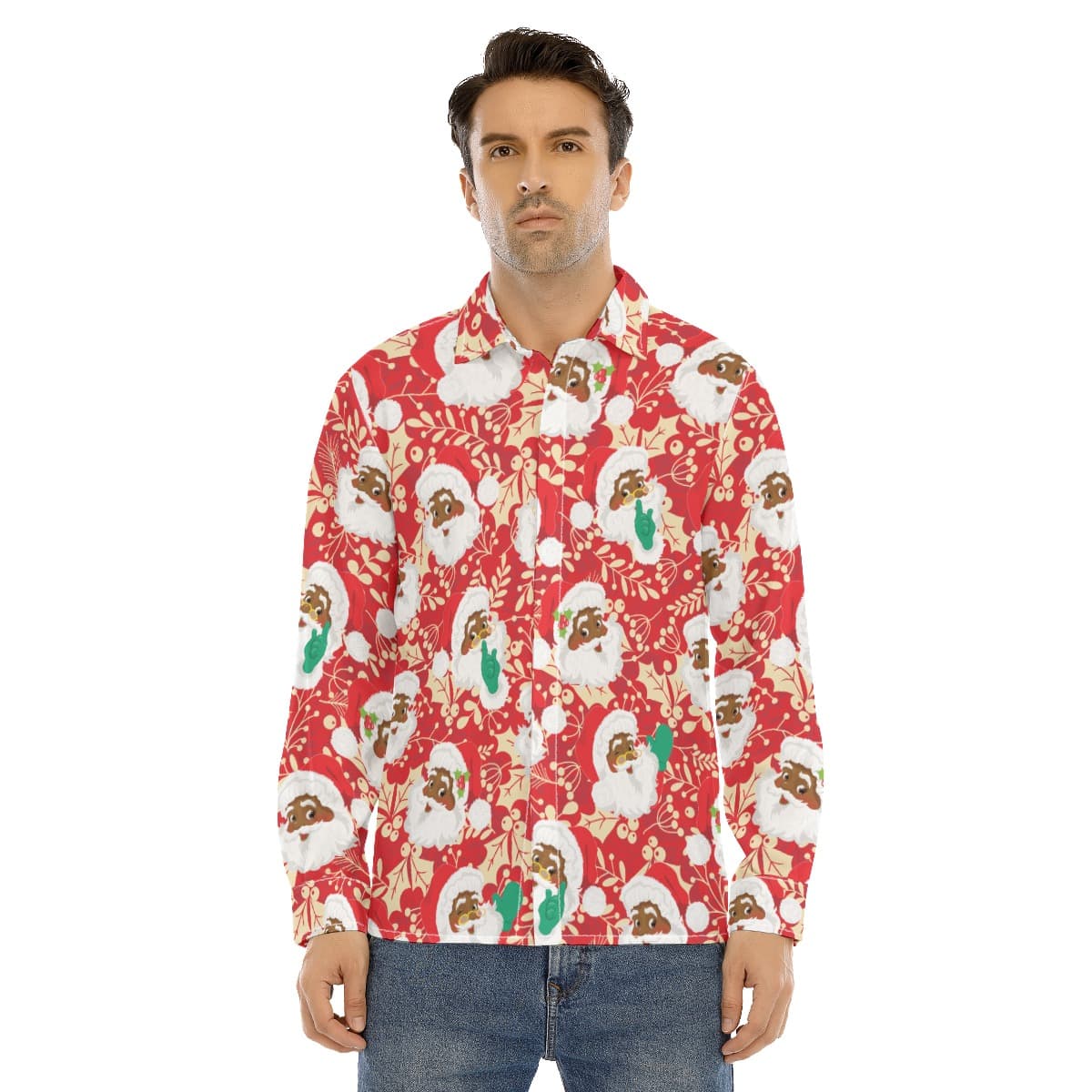 Africa American Santa Xmas Long Sleeve Hawaiian Shirt For Men (1)