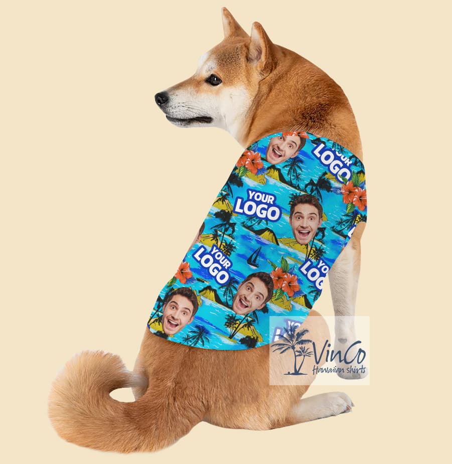 Blue Custom Face And Logo Tropical Dog's Hawaiian Tank Top