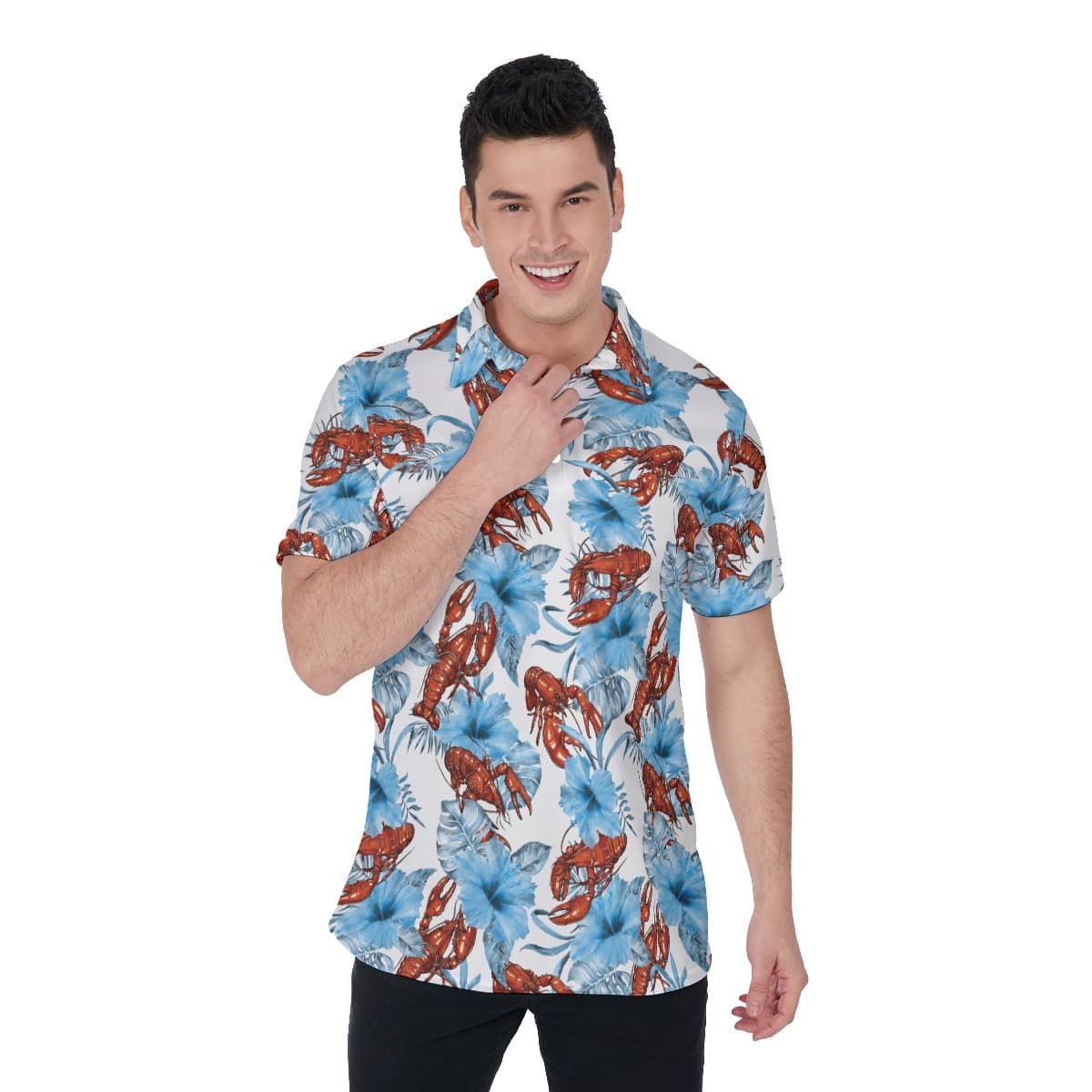 Blue Hibiscus Lobster Hawaiian Men's Polo Shirt
