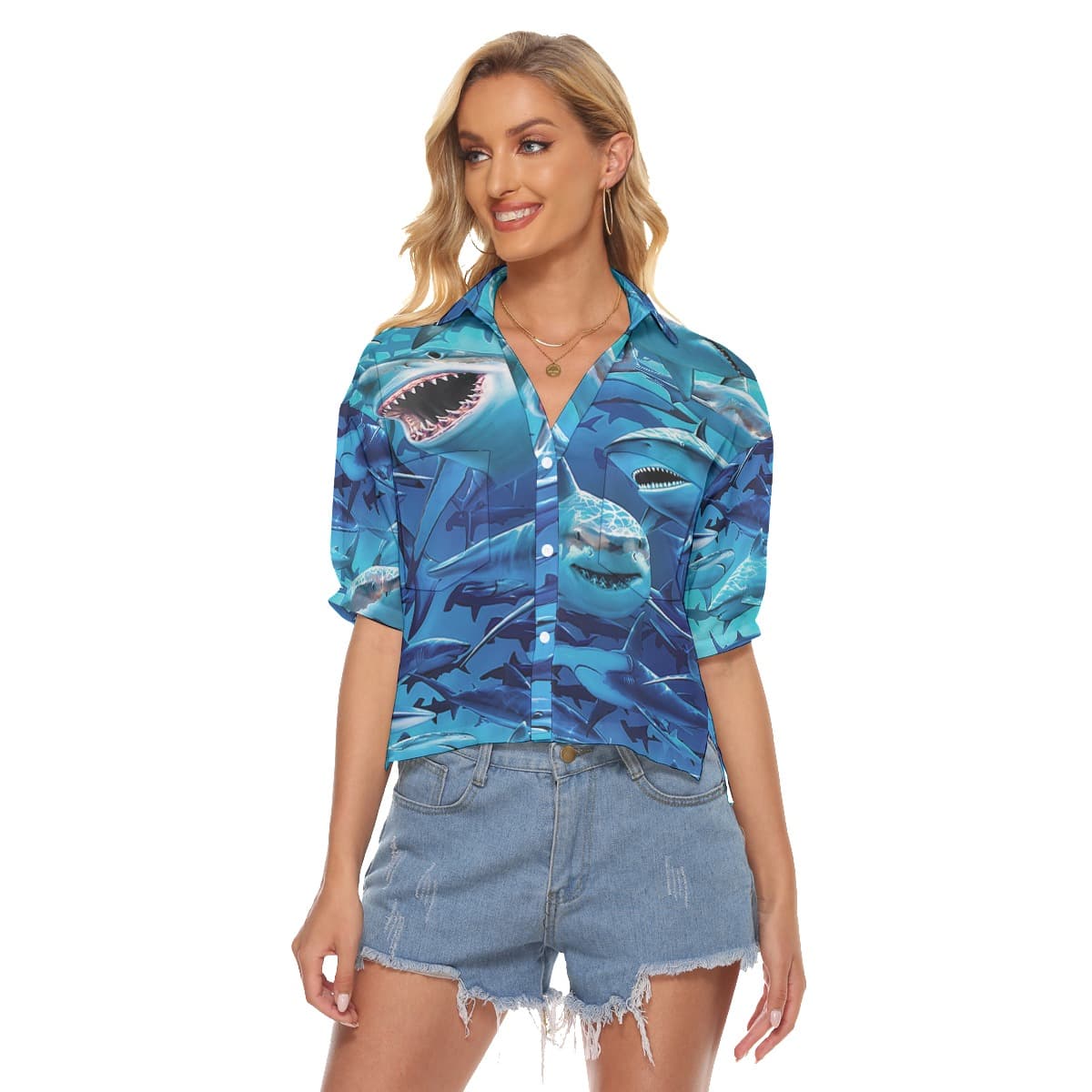 Blue Shark Hawaiian Crop Top Shirt For Women (1)