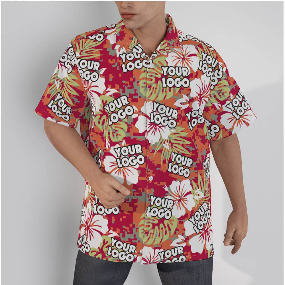 Camo Hibiscus Custom Logo Red Hawaiian Shirt