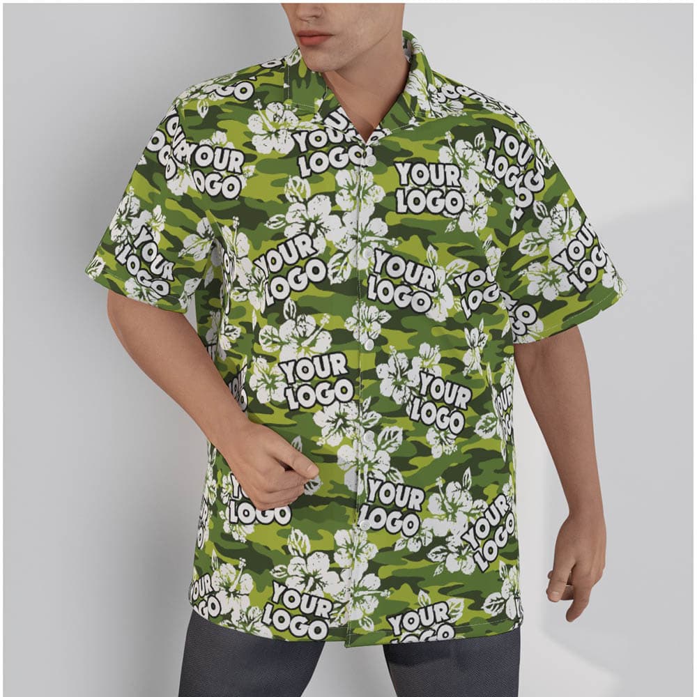 Camouflage Hibiscus Green Custom Logo Hawaiian Shirt