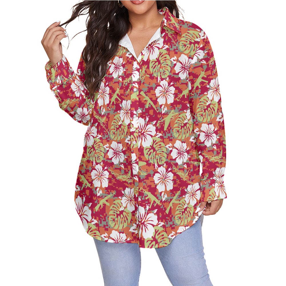 Camouflage Hibiscus Tactical Gun Hawaiian Plus Size Long Sleeve Shirt