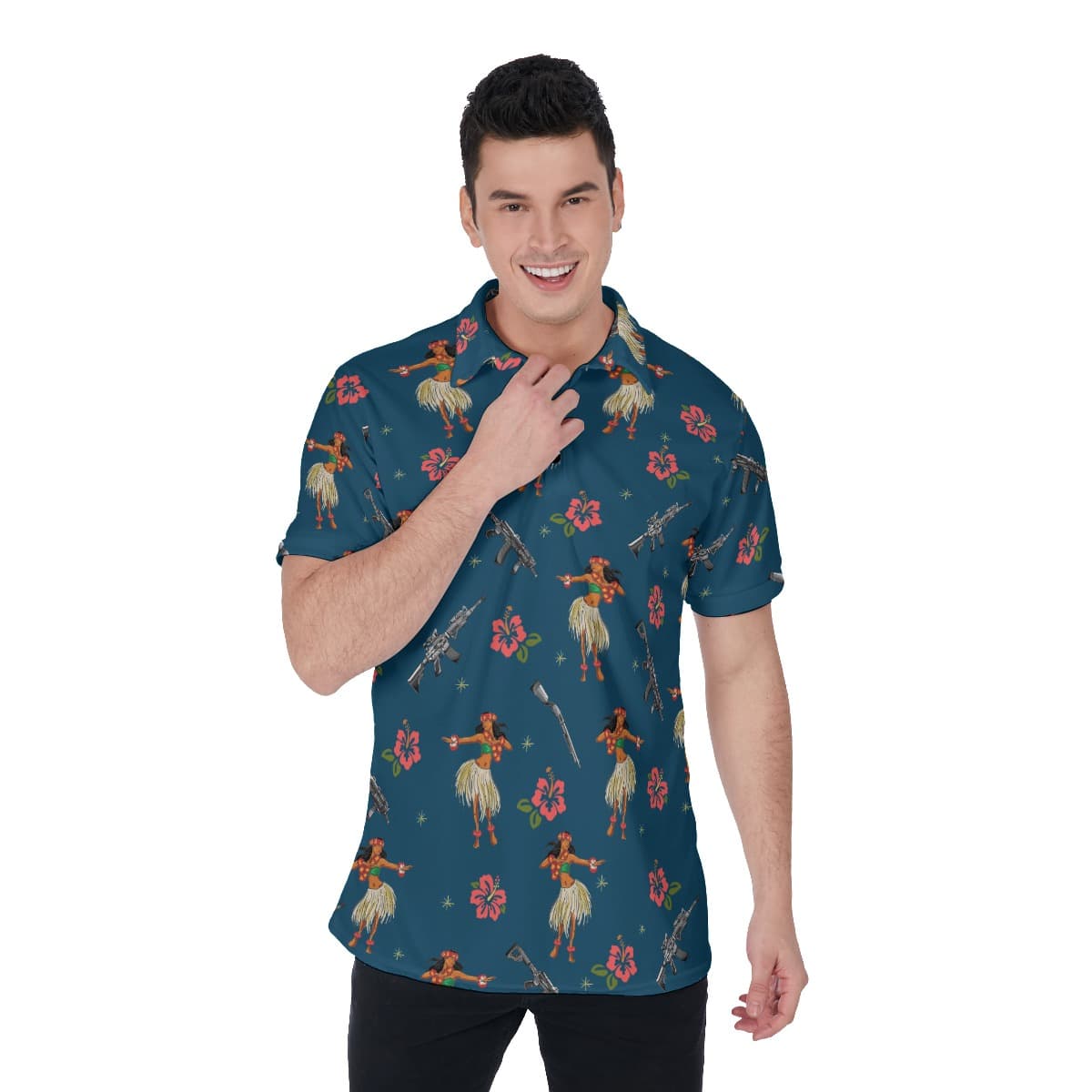 Classic Hula Girl Tactical Gun Navy Hawaiian Polo Golf Shirt