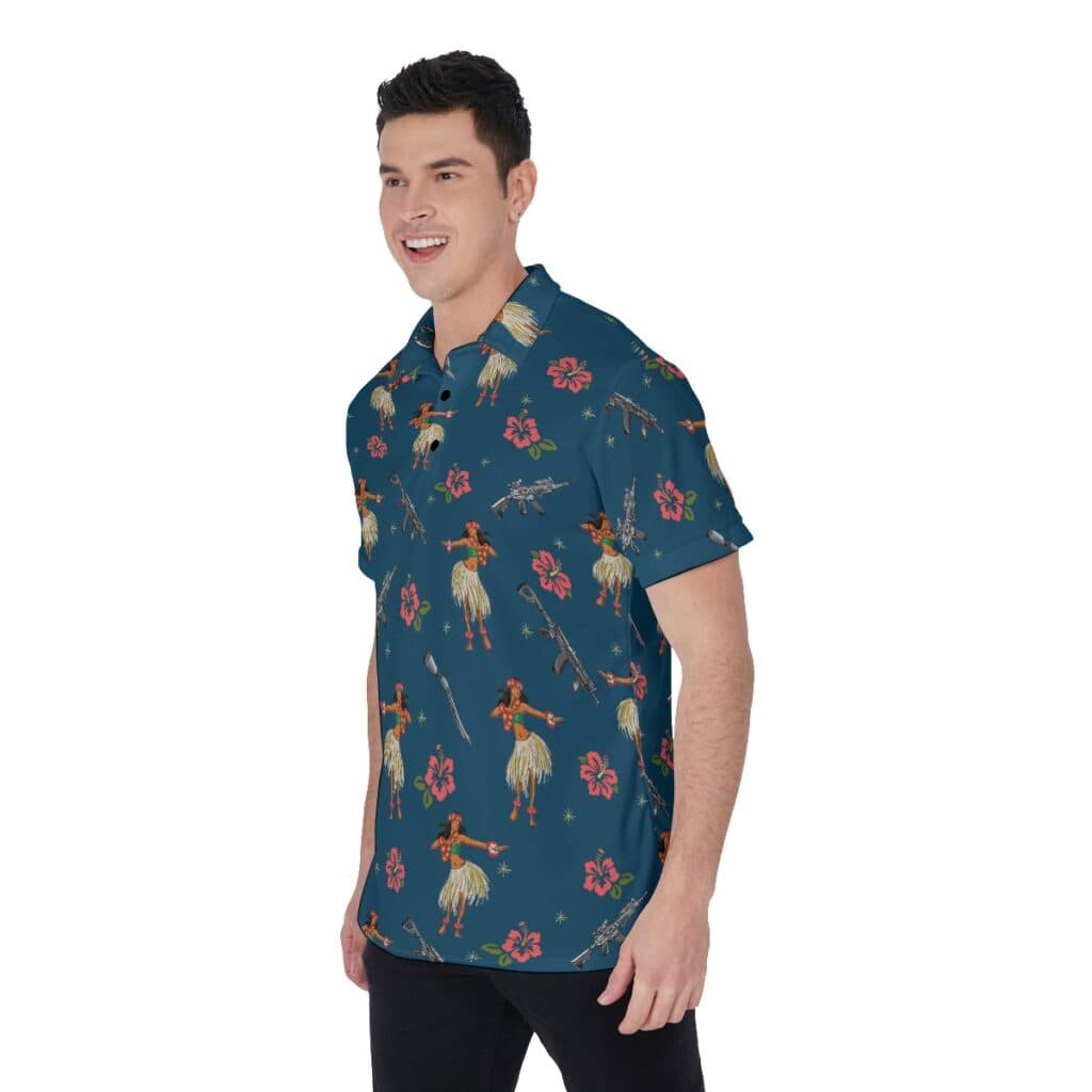 Classic Hula Girl Tactical Gun Navy Hawaiian Polo Golf Shirt