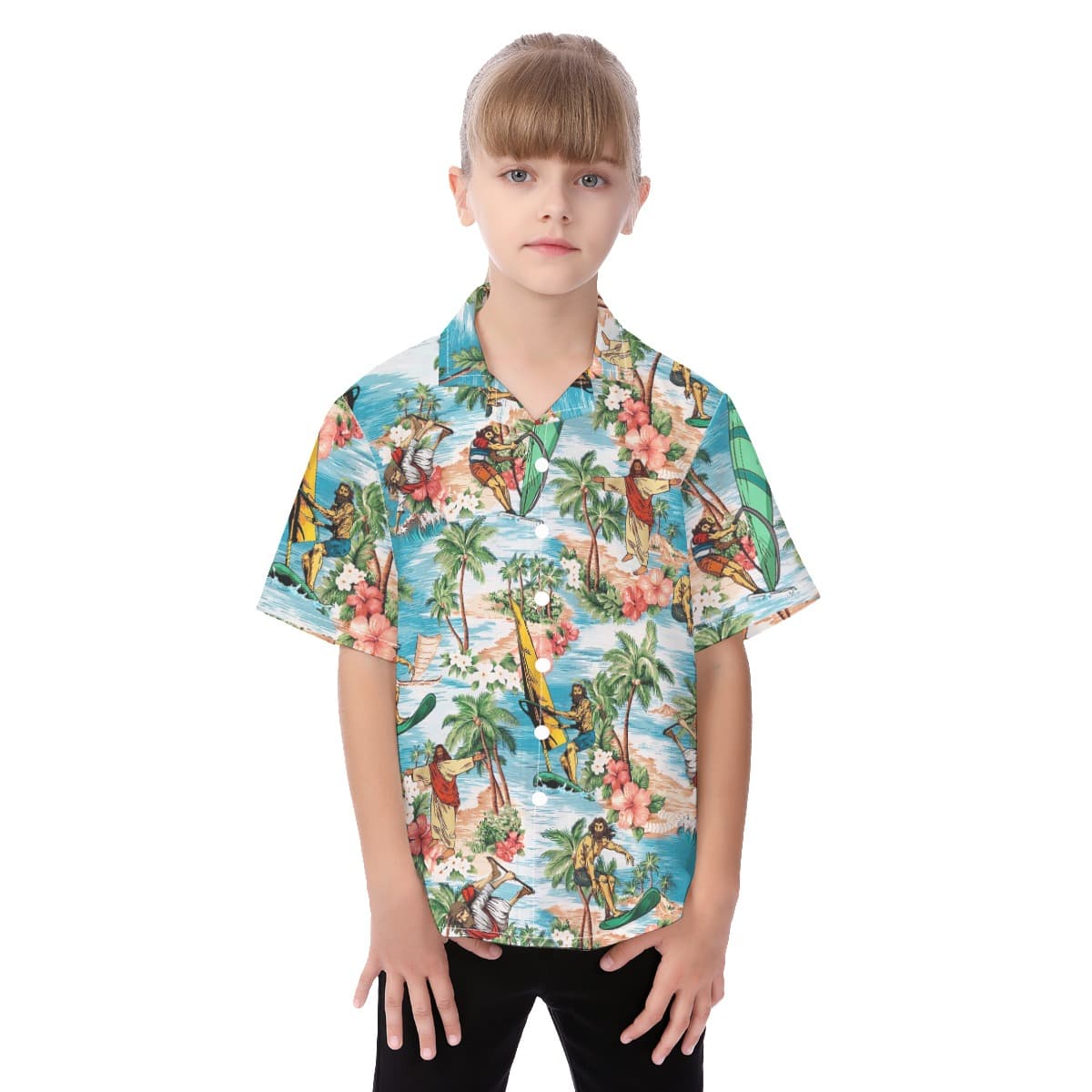 Cool Kid's Surfing Jesus Hawaiian Shirt For Vacation (1)