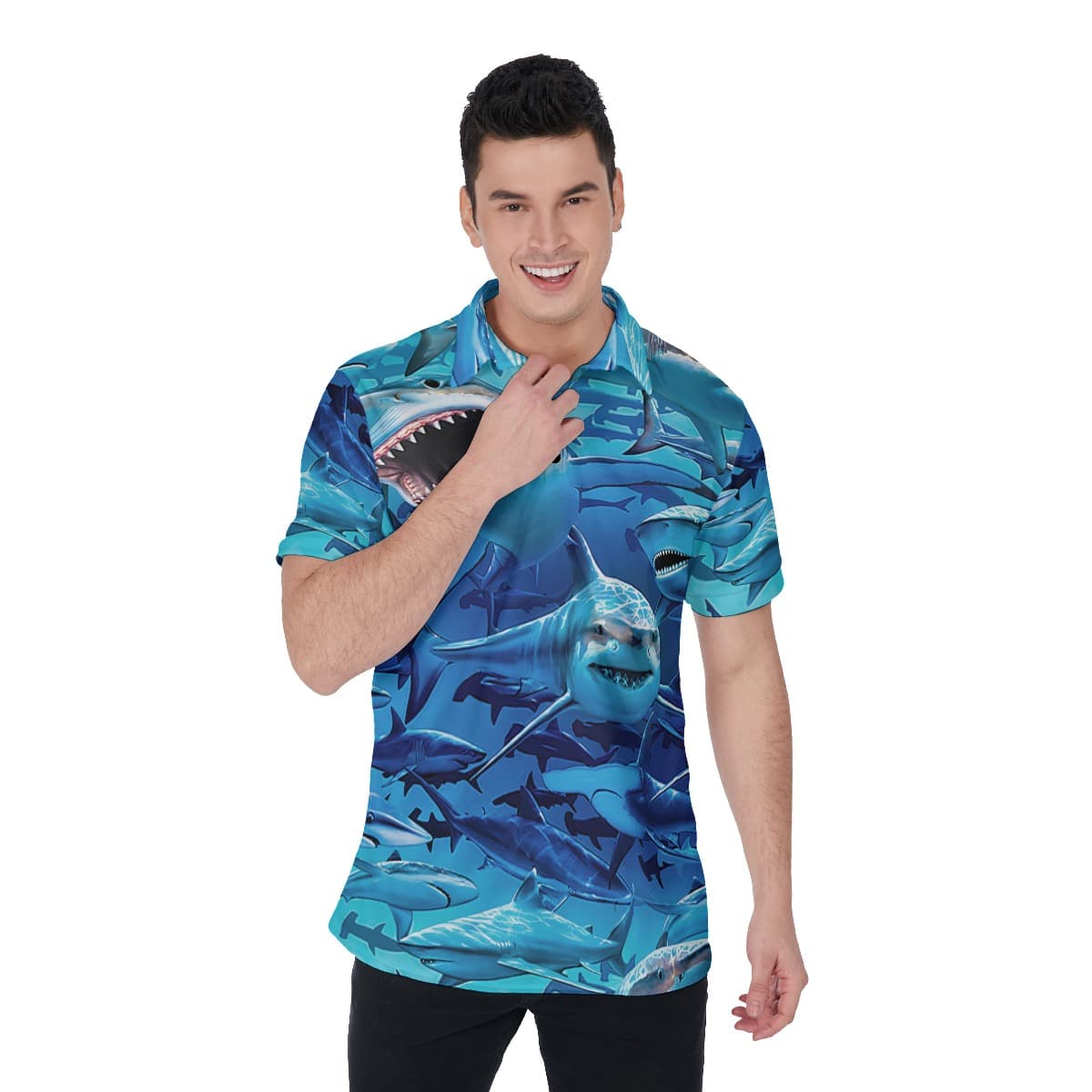 Cool Ocean Shark Blue Hawaiian Polo Shirt For Men