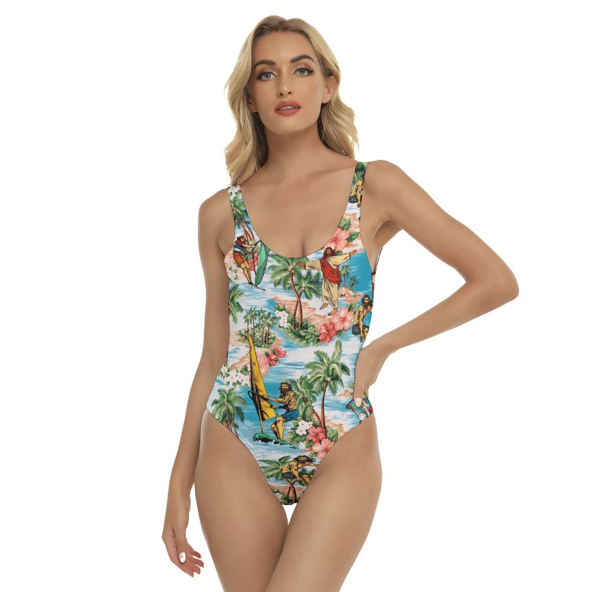 Cool Surfing Jesus One Piece Hawaiian Swimsuit For Women (1)