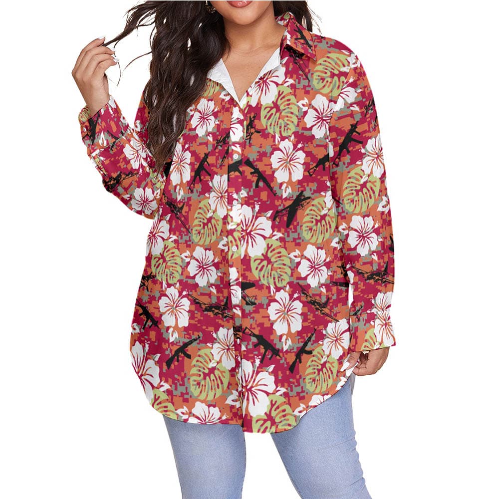 Cool Tactical Gun Camo Hibiscus Hawaiian Plus Size Shirt For Women (1)