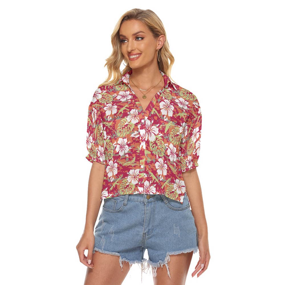 Cool Tactical Gun Camo Hibiscus Red Hawaiian Cropped Shirt