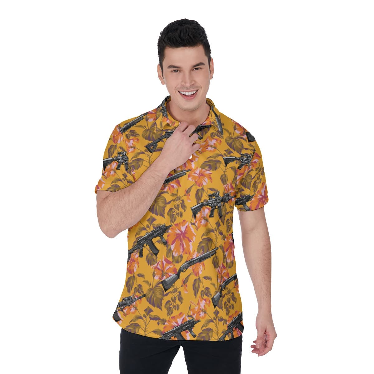 Cool Tactical Gun Floral Orange Hawaiian Men's Polo Shirt
