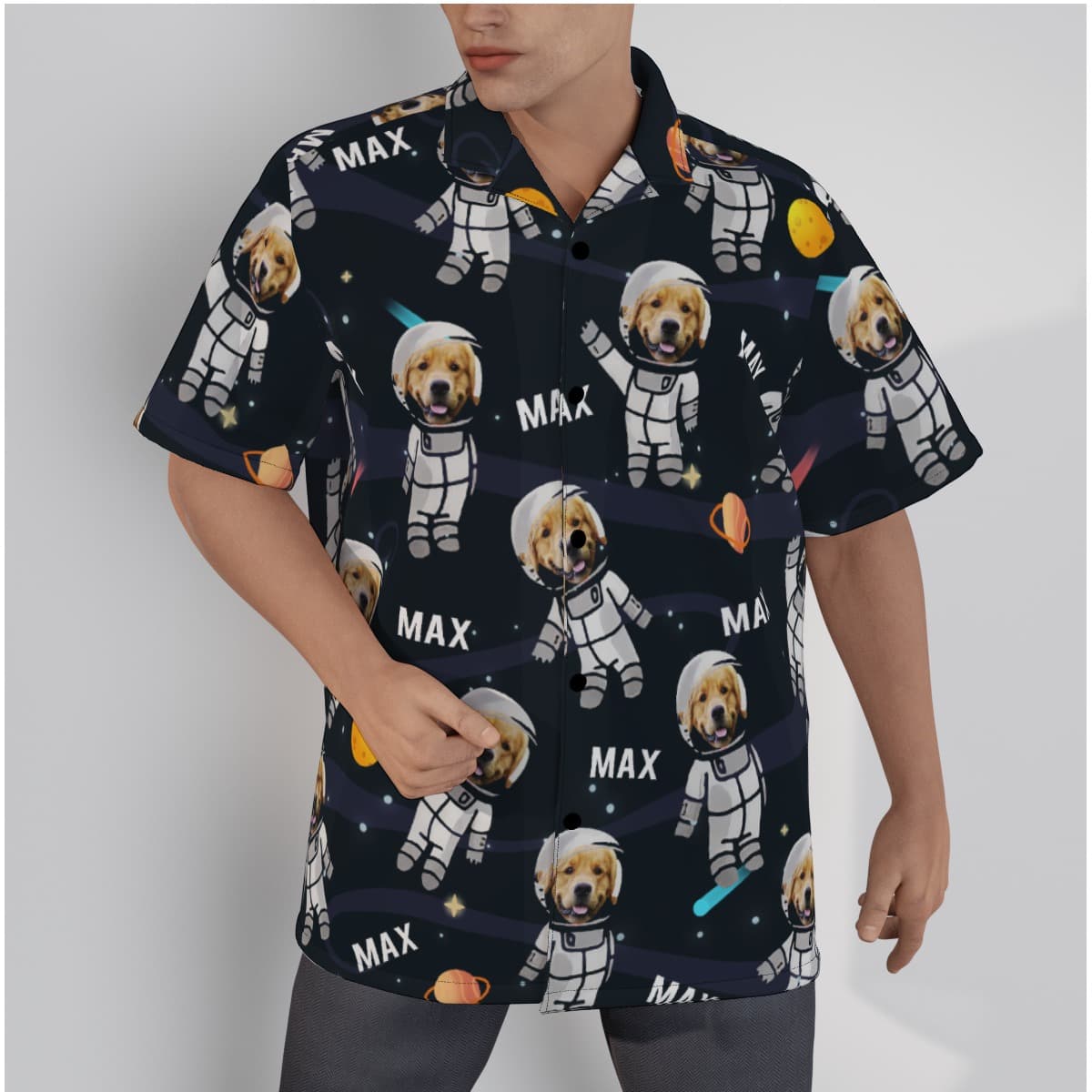 Custom Dog Face And Name Astronaut In Space Men's Hawaiian Shirts