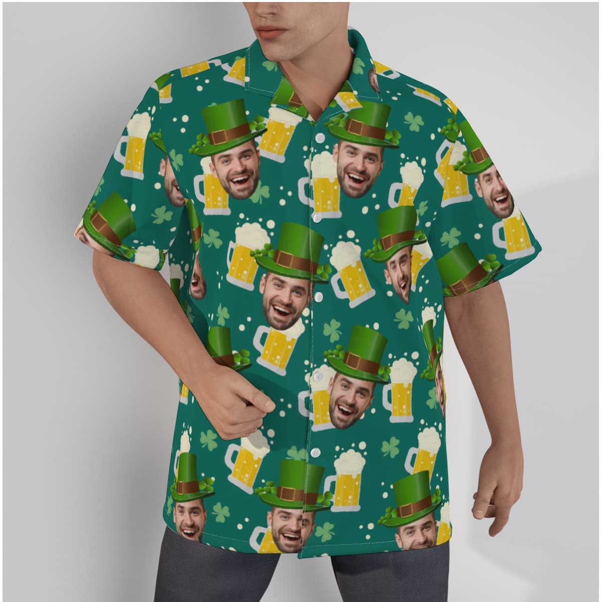 Custom Face Beer St Patrick Day Hawaiian Shirt has a featured Irish green background with shamrock, beer stain and custom your faces all over the shirt, which makes up a funny costume for the celebration!