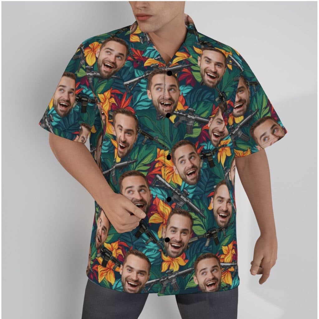 Custom Face Gun Floral Hawaiian Collared Shirt