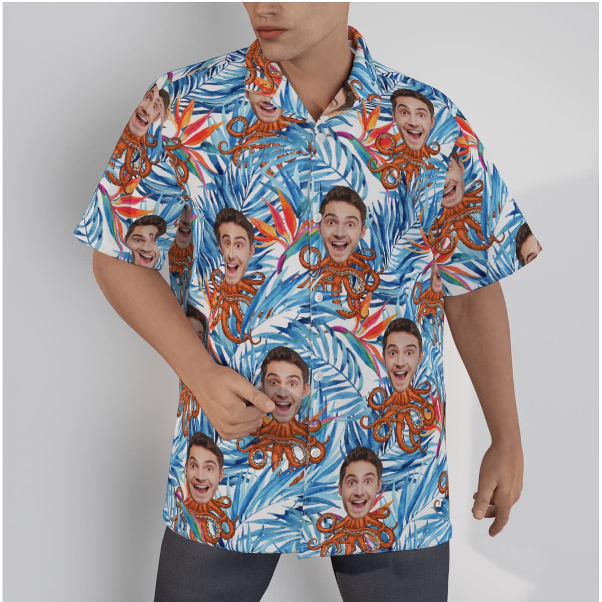 Custom Face Octopus Floral Blue Hawaiian Shirt
