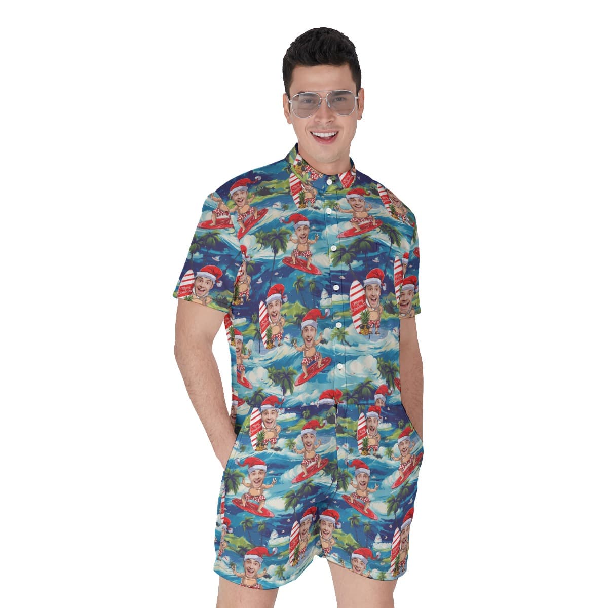 Custom Face Santa Surfing Tropical Men’s Hawaiian Romper (1)