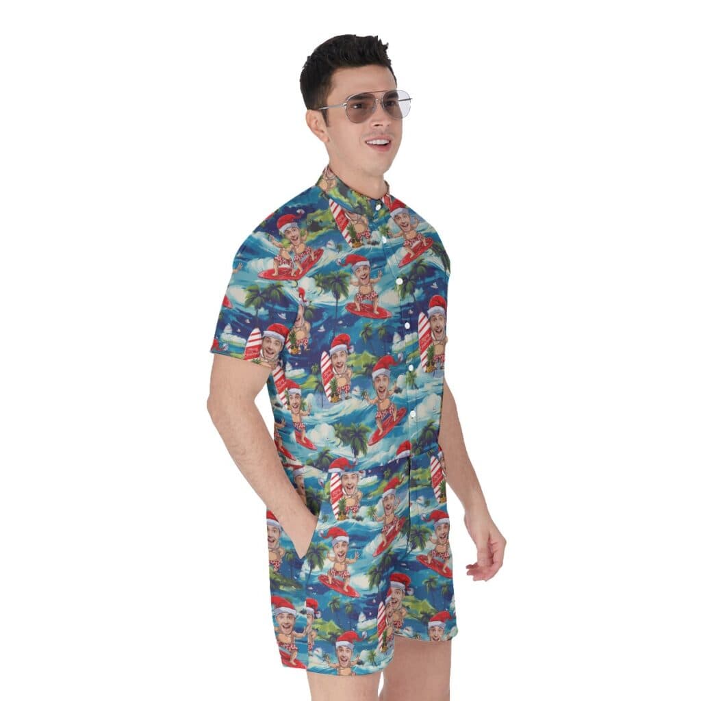 Custom Face Santa Surfing Tropical Men's Hawaiian Romper