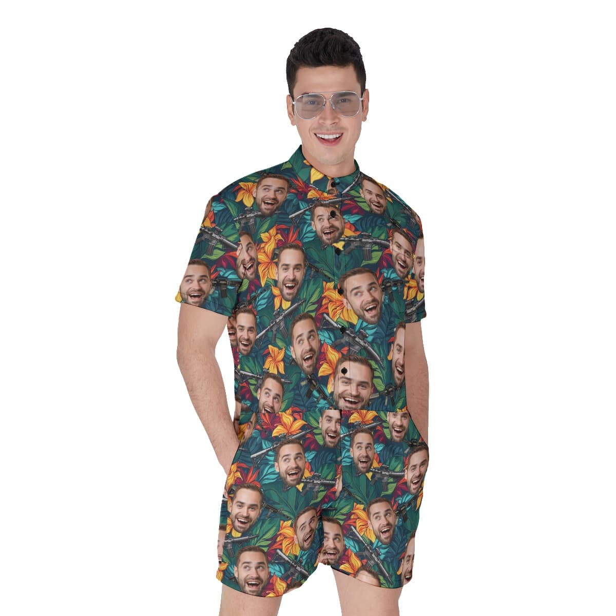 Custom Face Tactical Gun Tropical Hawaiian Romper For Men (1)