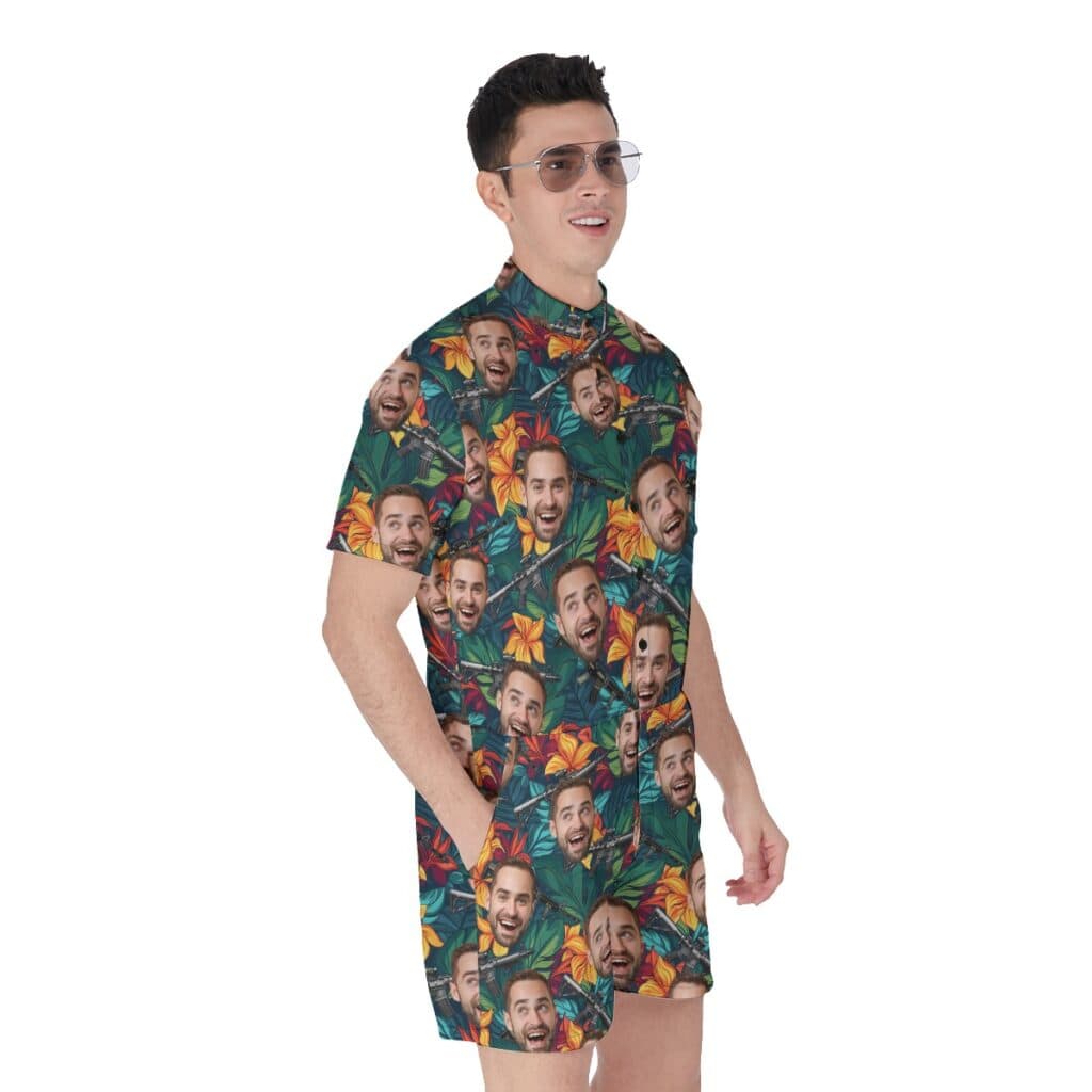 Custom Face Tactical Gun Tropical Hawaiian Romper For Men