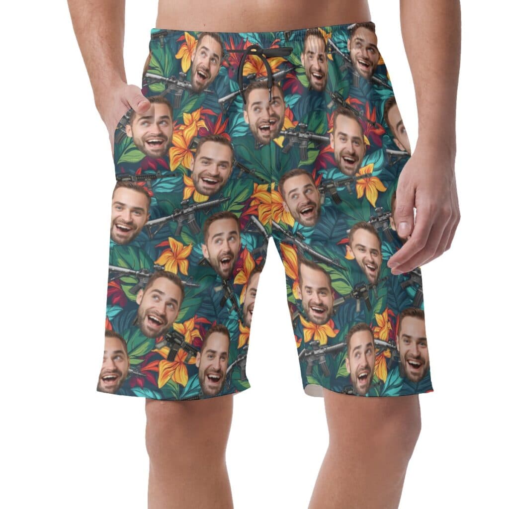 Custom Floral Gun Hawaiian Beach Shorts With Face