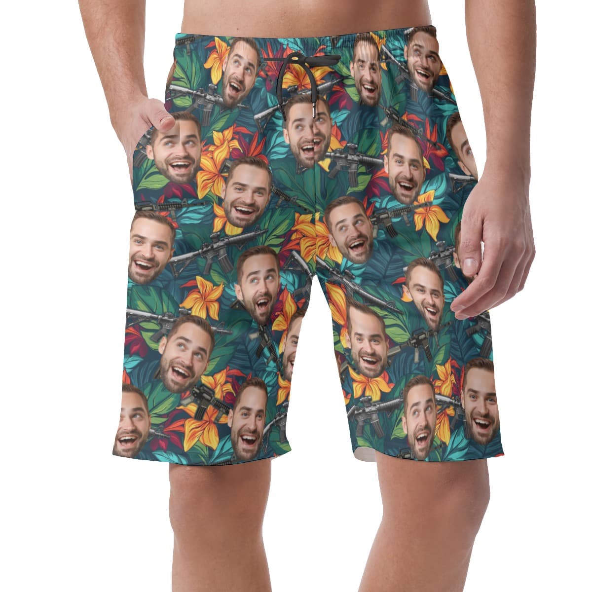 Custom Floral Gun Hawaiian Beach Shorts With Face