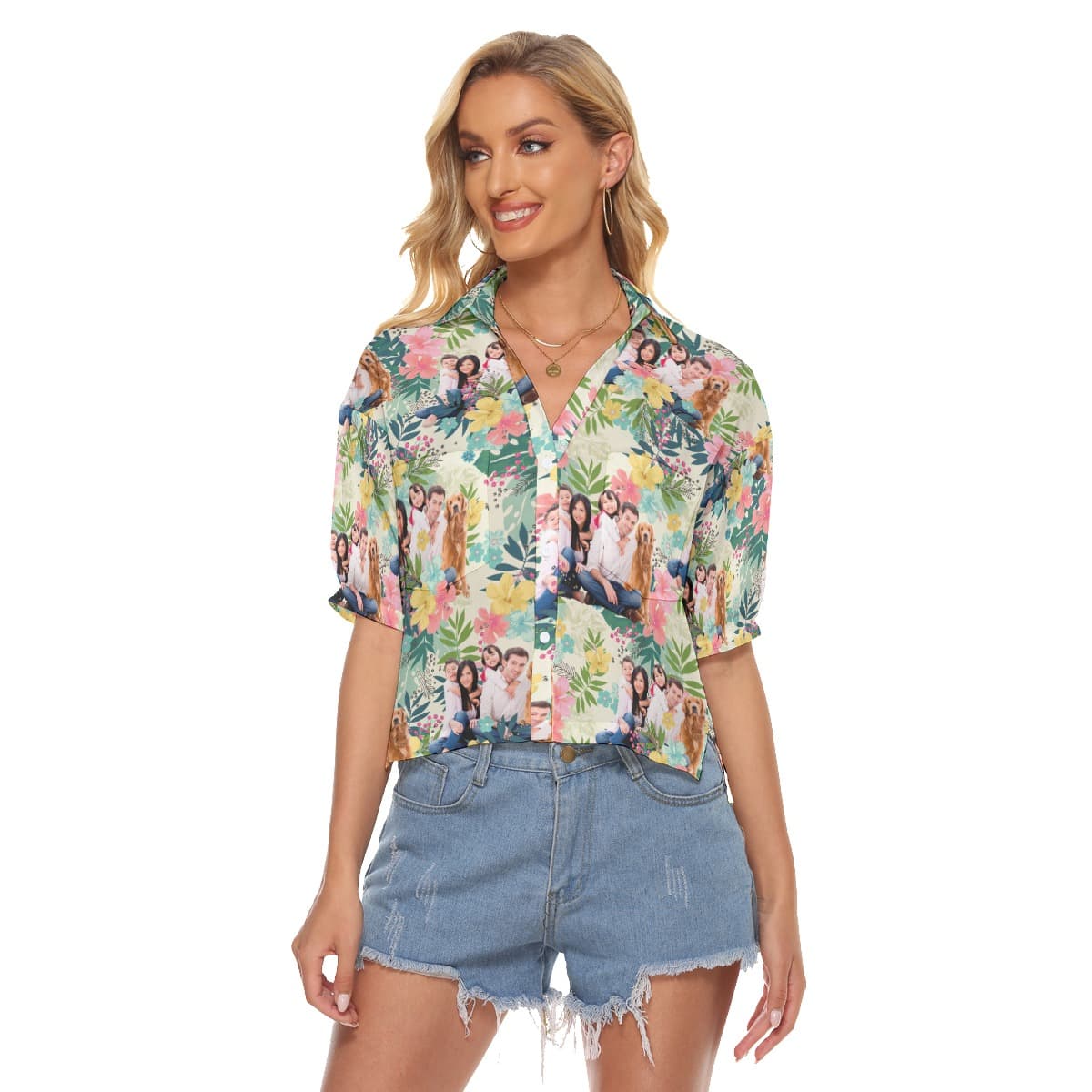 Custom Floral Hawaiian Crop Top Shirt With Family Images
