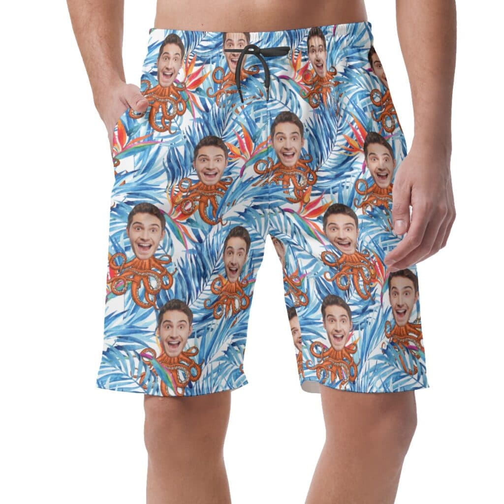 Custom Floral Octopus Hawaiian Beach Shorts With Face