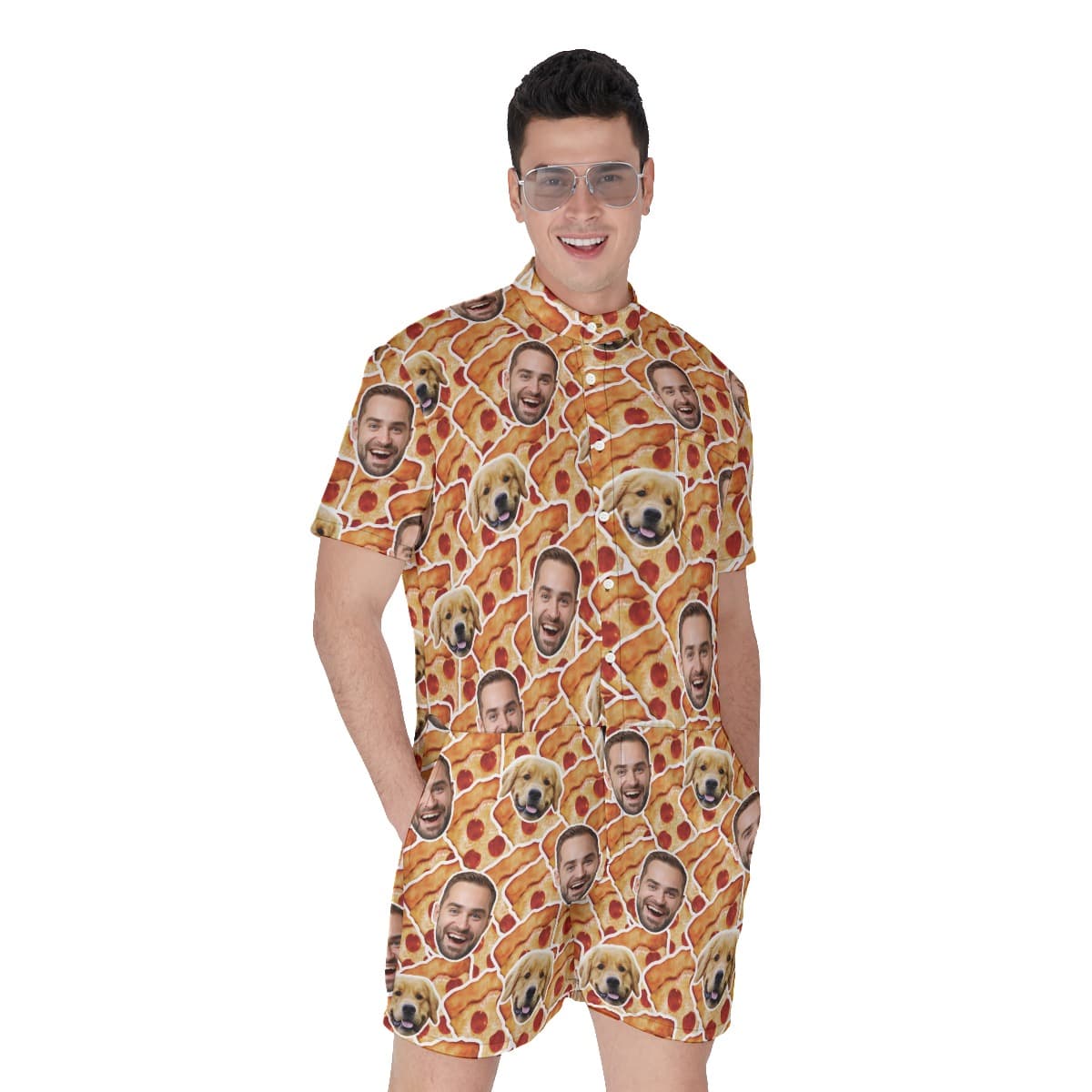 Custom Multiple Faces Pizza Hawaiian Romper For Men