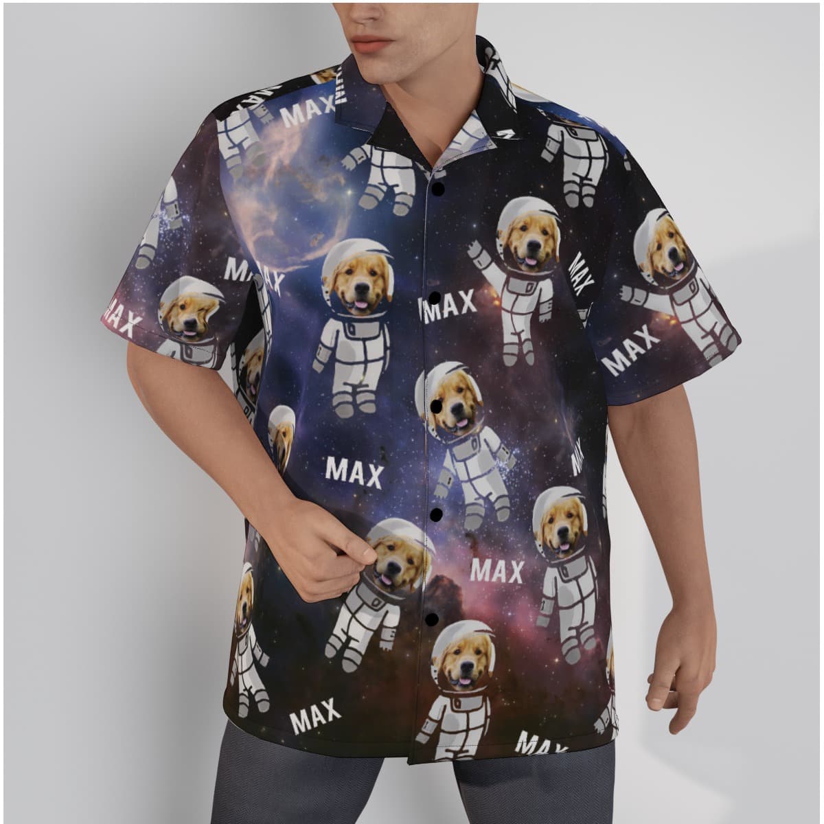 Custom Pet Astronaut Men's Hawaiian Button Up Shirt