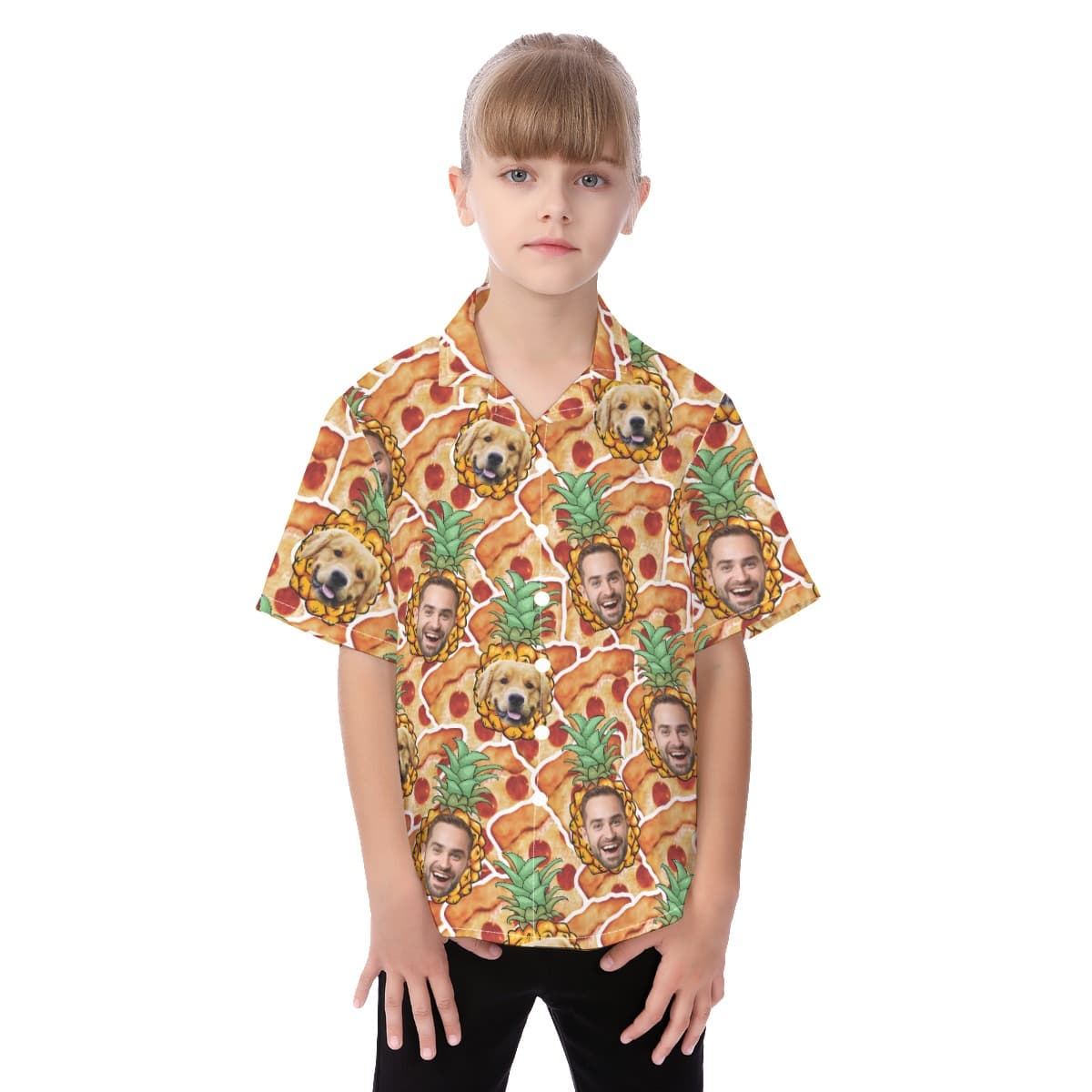 Custom Photo Face Pineapple Pizza Button Up Shirt For Kids