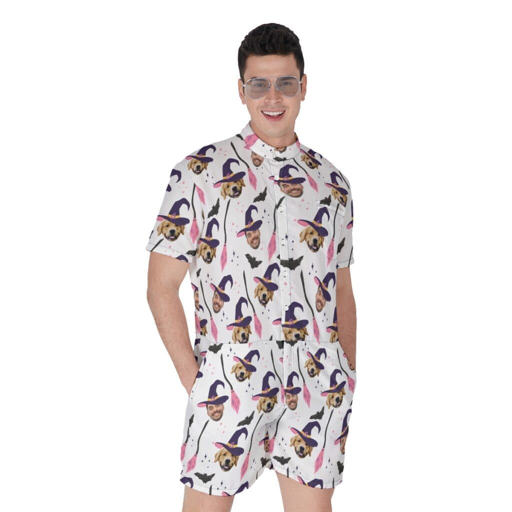 Custom Witches Face Halloween Hawaiian Romper For Men