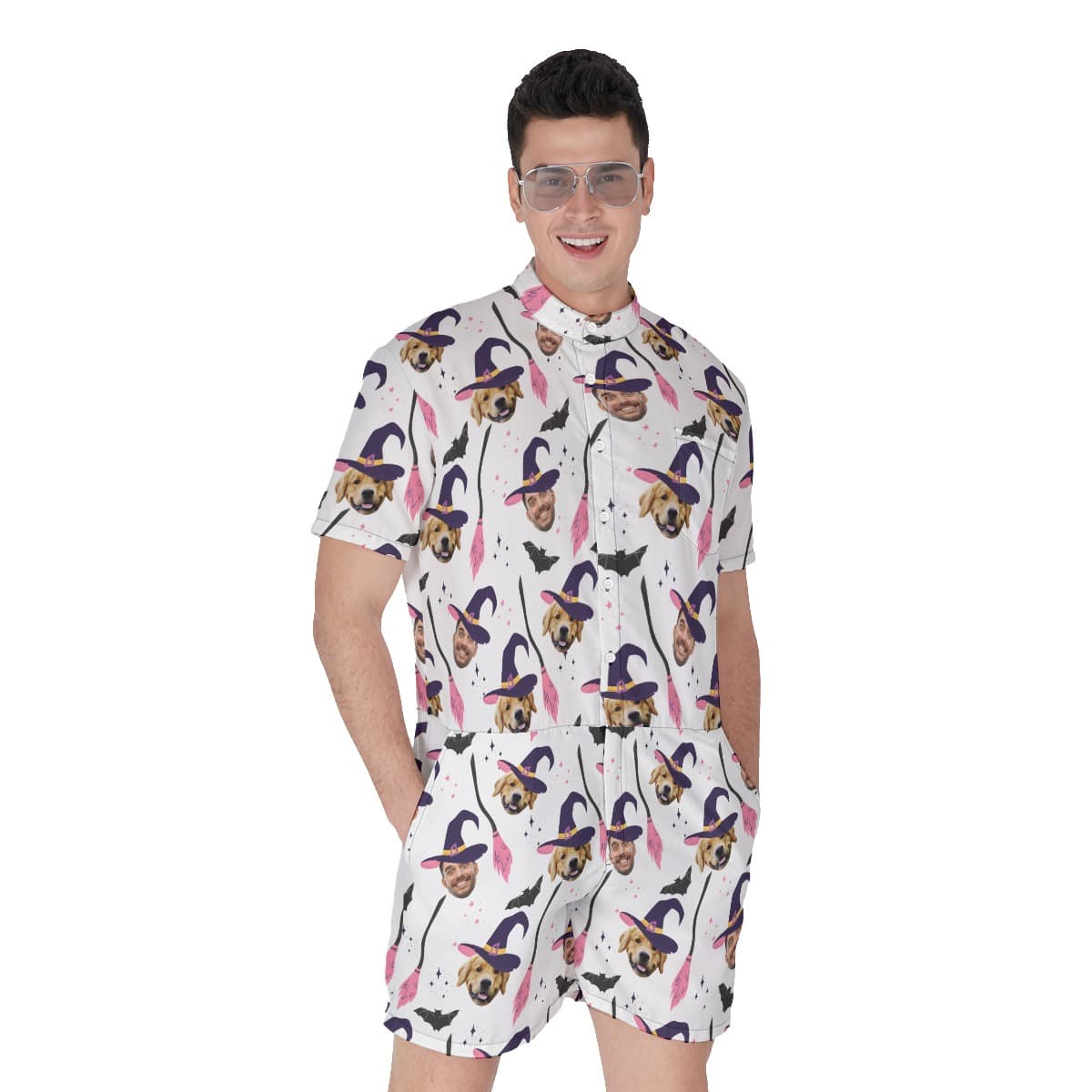 Custom Witches Face Halloween Hawaiian Romper For Men